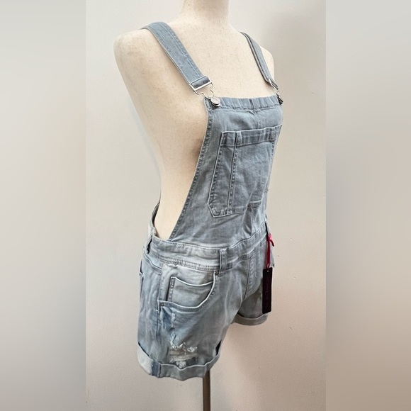Dollhouse Juniors Sz 11 Denim Overalls Distressed Stretch Blue Short-alls NWT - Picture 7 of 16